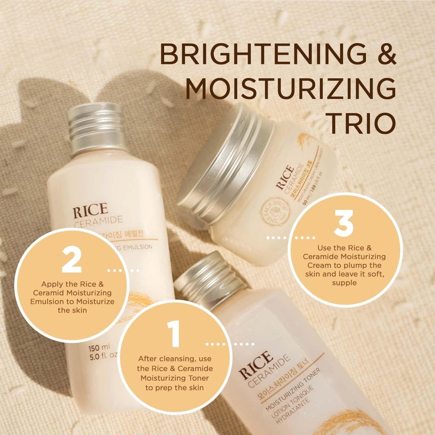 The Face Shop Rice Ceramide Moisturizing Cream - Rice Extract + Rice Bran Oil - Hydrating Targets Dryness, Brightening - Dermatologically Tested - Lightweight Moisturizer Face Cream - Korean Skin Care
